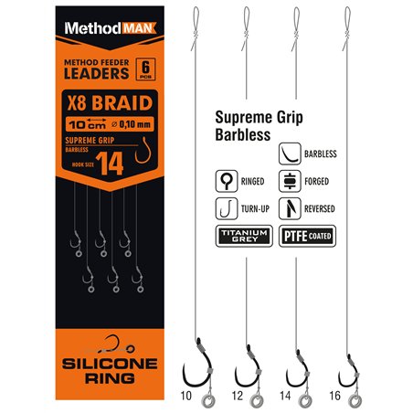 Przypon Method Feeder Z Gumką 3mm Z Haczykiem Methodman Supreme Grip Titanium Grey Barbless rozmiar 10 plecionka 0,12mm