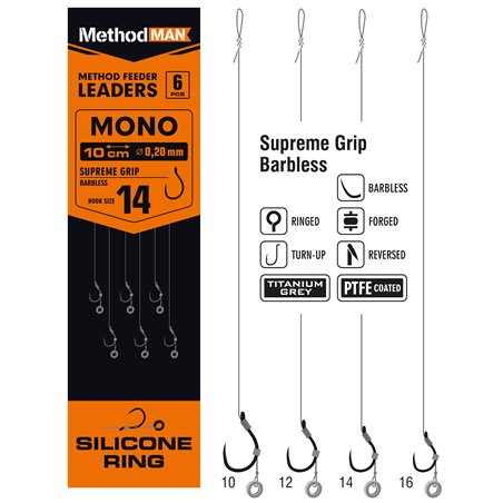 Method Feeder Rig With Rubber 3mm Methodman Supreme Grip Titanium Grey Barbless Size 16 Line 0.18mm