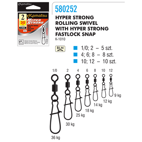 Hyper Strong Rolling Swivel with Fastlock Snap K-1010 2 30kg