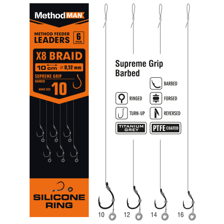 Przypon Method Feeder Z Gumką 3mm Z Haczykiem Methodman Supreme Grip Titanium Grey Barbed rozmiar 16 plecionka 0,10mm